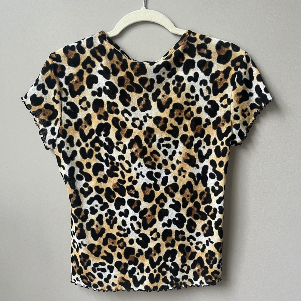 Vintage Y2K Leopard Print Top Women's Small Mesh Fitted Stretch Lettuce Hem - Picture 2 of 12